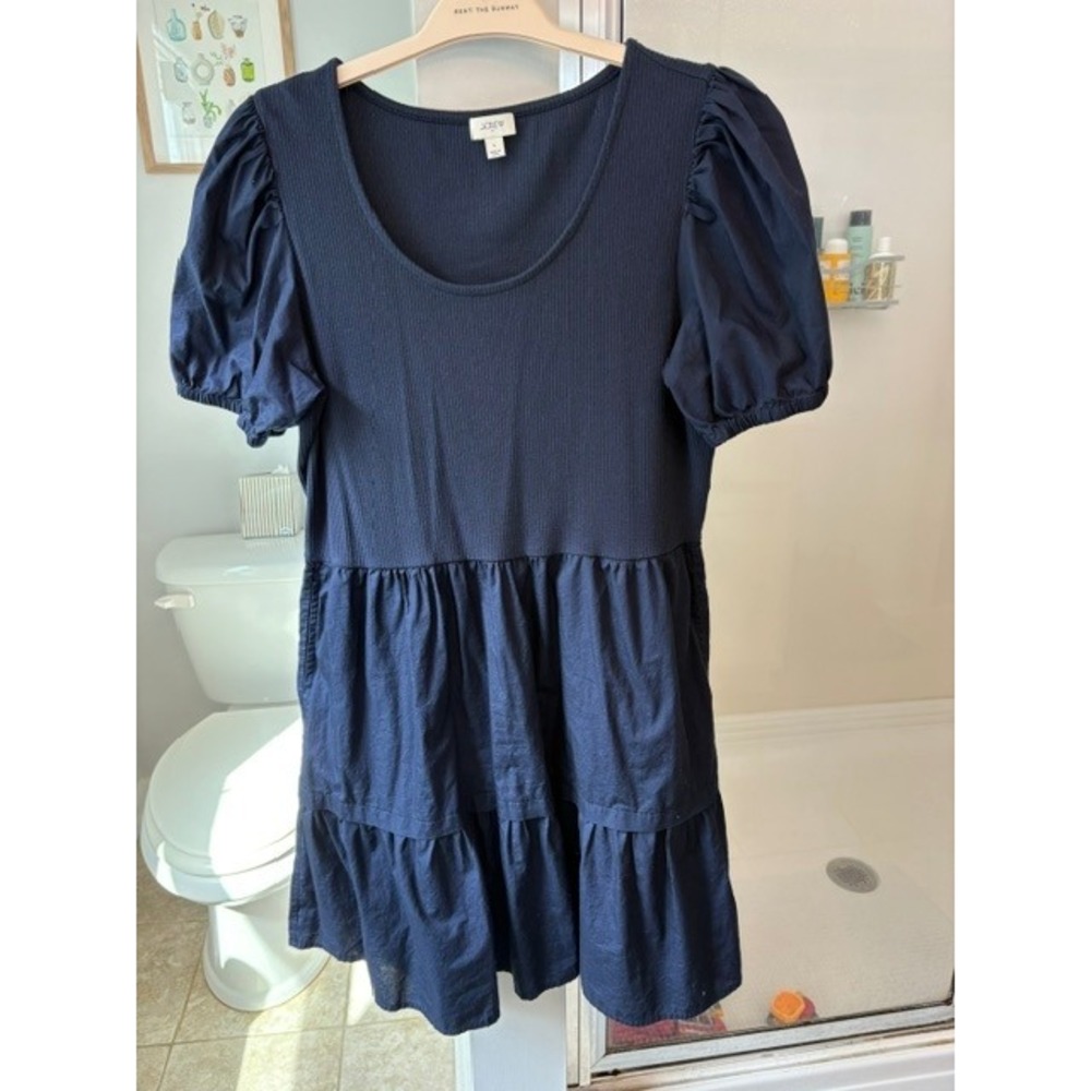 J.Crew Navy Blue Puff Sleeve Tiered Mini Dress Ribbed Knit Size Large